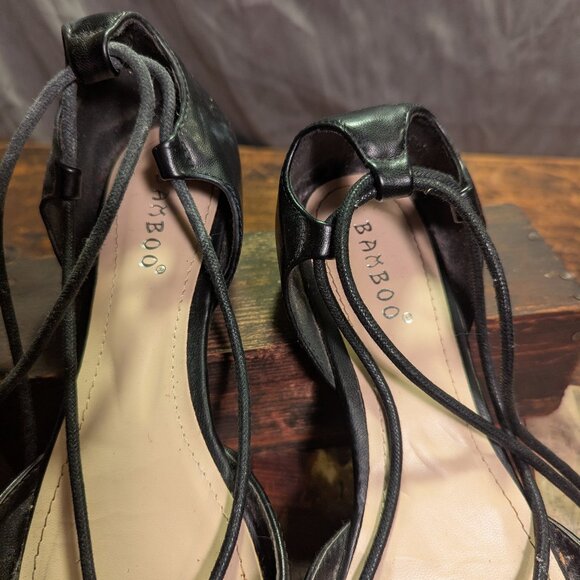 Bamboo black leatheresque "Sequel 04" lace up Ballet Flats Sz 7 - Picture 4 of 9